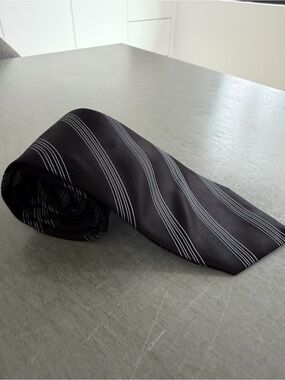 Lanvin Black Tie with Thin White Diagonal Stripes